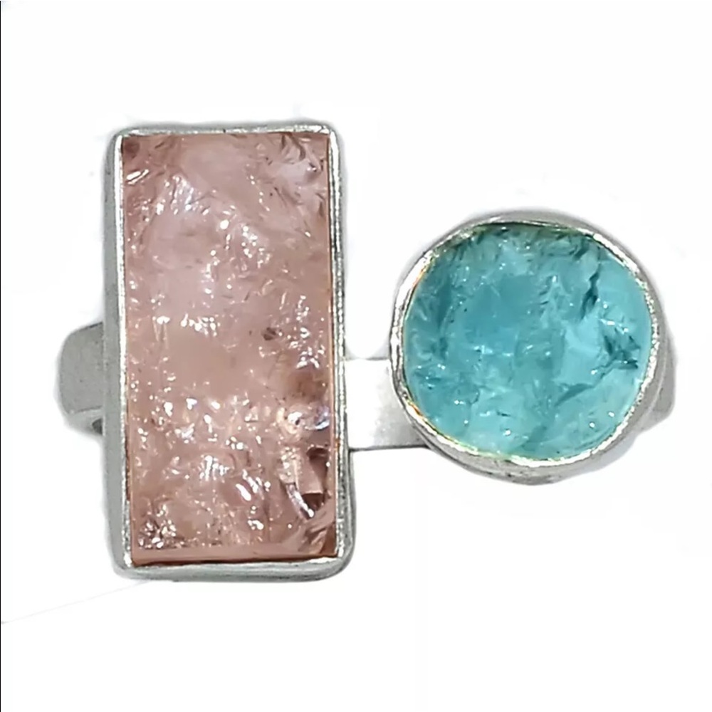 BOUTIQUE ROUGH MORGANITE & AQUAMARINE 925 RING, 7